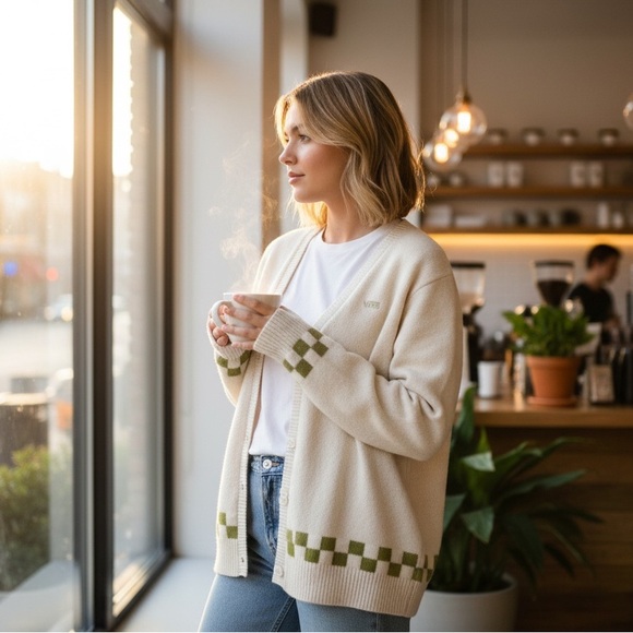 Vans Sweaters - Vans Cream and Green Checkered Cardigan